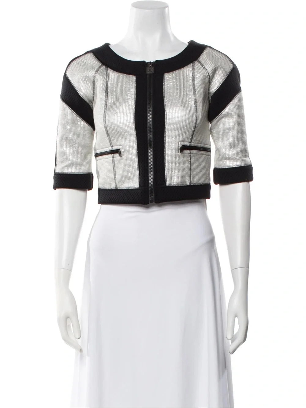Chanel 07P Silver Metallic Black Cropped Zip Jacket - Mesh Trim Jacket